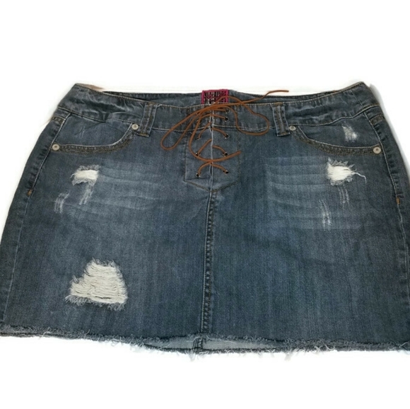 torrid Dresses & Skirts - Denim Lace-Up Distressed Mini Skirt in Dark Blue